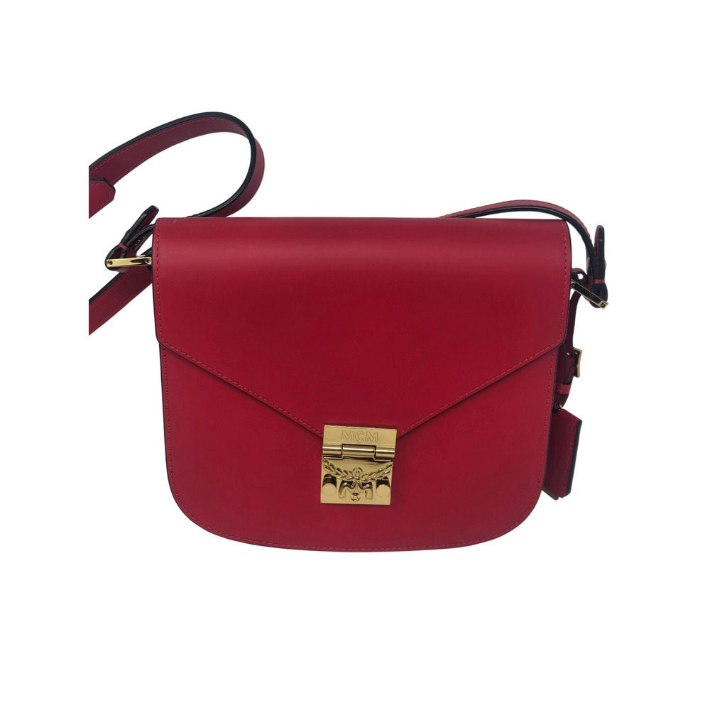 MCM Patricia Red Leather Crossbody Bag Gold Laurel Lock Hardware Small
